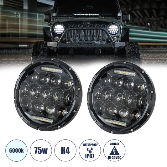 85417 Σετ 2 x Φανάρια JEEP WRANGLER 7'' Ιντσών Βασικού Φωτισμού H/L με Ring Light DRL & Φλας LED CREE CXB COB 75W 12000lm DC 10-30V Αδιάβροχα IP67 Ψυχρό Λευκό 6000K