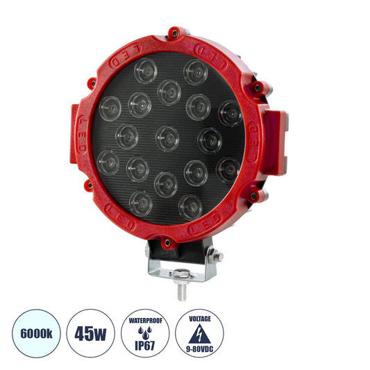 85422 Vehicle & Forklift Work Lights - Φώτα Εργασίας για Οχήματα Περονοφόρα - Κλάρκ LED 45W DC 9-80V Αδιάβροχο IP67 Μαύρο Κόκκινο Μ20 x Π18 x Υ5