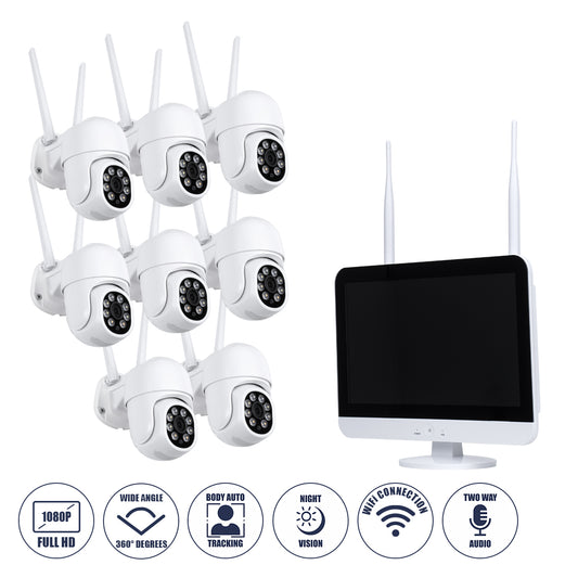 86042 Ασύρματο Καταγραφικό με Οθόνη - 8 x Camera 2MP 1080P WiFi 360° Μοιρών - Αδιάβροχο IP66 - Νυχτερινή Όραση με LED IR - Διπλή Κατέυθυνση Ομιλίας - Ανιχνευτή Κίνησης - Νυχτερινή Λήψη - Λευκό