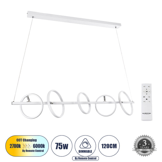 CIRCOLARE 61320 Κρεμαστό Φωτιστικό Οροφής Design LED CCT 75W 8400lm 360° AC 220-240V - Εναλλαγή Φωτισμού μέσω Τηλεχειριστηρίου All In One Ψυχρό 6000k+Φυσικό 4500k+Θερμό 2700k Dimmable Μ120 x Π25 x Υ25cm - Λευκό