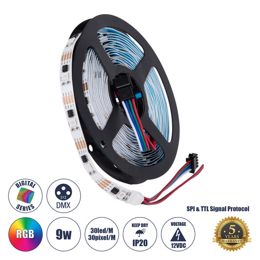 DIGIPRO 90599 Ψηφιακή Pixel Addressable Ταινία LED 9W/m 540lm/m 120° DC 12V IP20 30 x SMD5050 Chip/m 30 x Pixel/m RGB Dimmable SPI/TTL Protocol IC TM1908 - Sanan SMD Chip - Μ500 x Π1 x Υ0.2 - Ρολό 5 Μέτρων