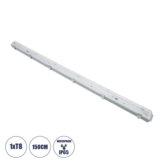 90614 150cm Tri-Proof Πλαστικό PC Σκαφάκι με Μεταλλικά Clips για 1 x Λάμπες T8 Τύπου Φθορίου LED Τροφοδοσίας Ενός Άκρου Αδιάβροχο IP65