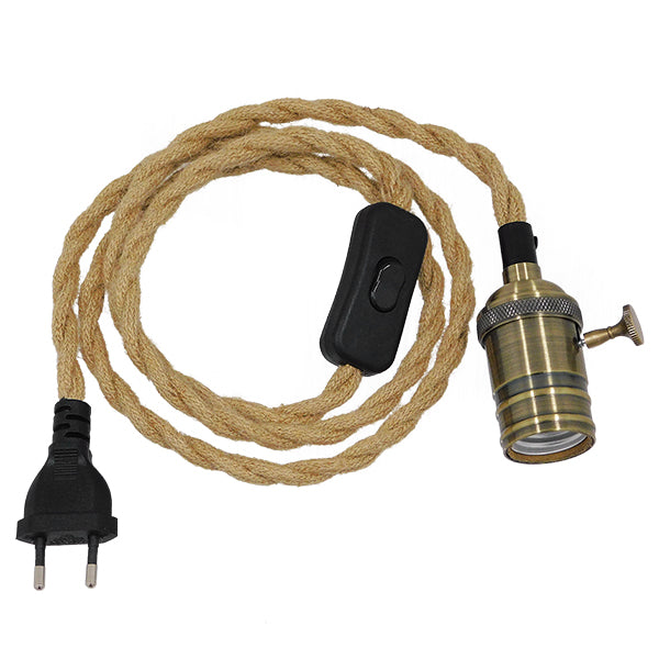 Κρεμαστό Φωτιστικό Whip με Μπρούτζινο Ντουί E27 - Μαύρο Διακόπτη - Μαύρη Πρίζα και Μπεζ Πλεκτό Καλώδιο 1.4m 91041