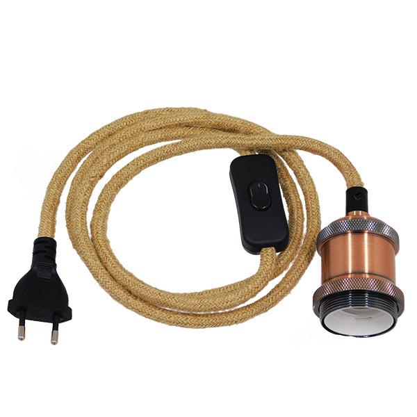 Κρεμαστό Φωτιστικό Whip με Χάλκινο Ντουί E27 - Μαύρο Διακόπτη - Μαύρη Πρίζα και Μπεζ Υφασμάτινο Καλώδιο 1.4m 91043