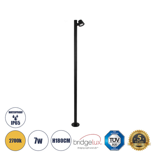 GARDENIA 60511 Φωτιστικό Κήπου - Πάρκου - Πλατείας - Κολωνάκι Αρχιτεκτονικού Φωτισμού Εξωτερικού Χώρου LED 7W 700lm 60° AC220-240V Αδιάβροχο IP65 - Σώμα Αλουμινίου & Tempered Glass - Μ15 x Π18 x Υ180cm - Θερμό Λευκό 2700K - Μαύρο - Bridgelux Chip