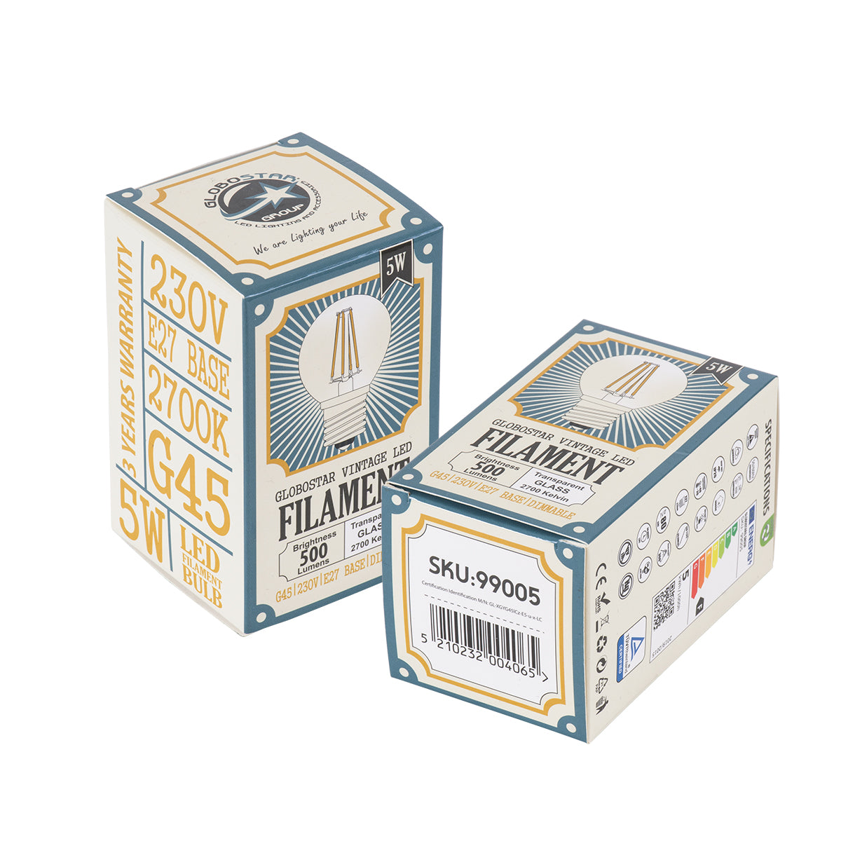 99005 Λάμπα LED Long Filament E27 G45 Γλομπάκι 5W 500lm 360° AC 220-240V IP20 Φ4.5 x Υ7.5cm Θερμό Λευκό 2700K με Διάφανο Γυαλί - Dimmable