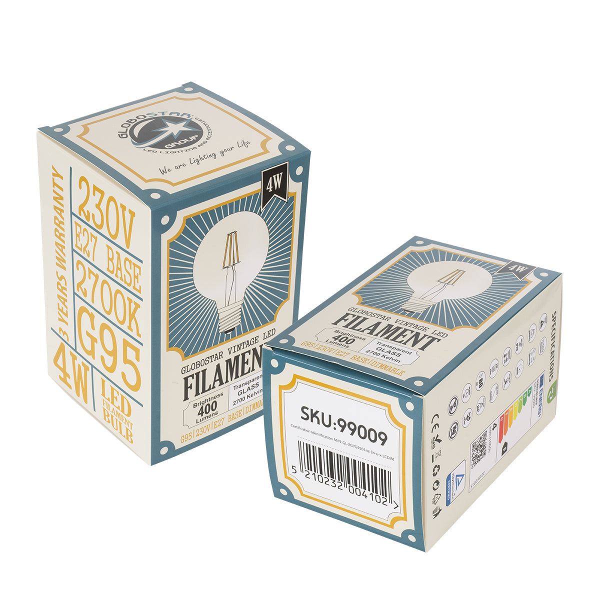 99009 Λάμπα LED Long Filament E27 G95 Γλόμπος 4W 400lm 360° AC 220-240V IP20 Φ9.5 x Υ13.5cm Θερμό Λευκό 2700K με Διάφανο Γυαλί - Dimmable