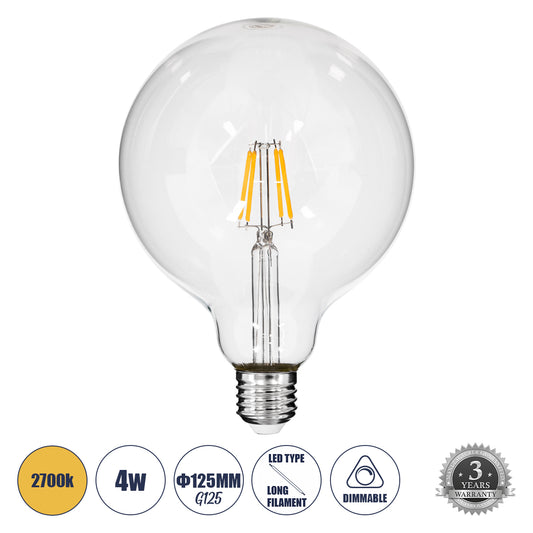 99012 Λάμπα LED Long Filament E27 G125 Γλόμπος 4W 400lm 360° AC 220-240V IP20 Φ12.5 x Υ18cm Θερμό Λευκό 2700K με Διάφανο Γυαλί - Dimmable