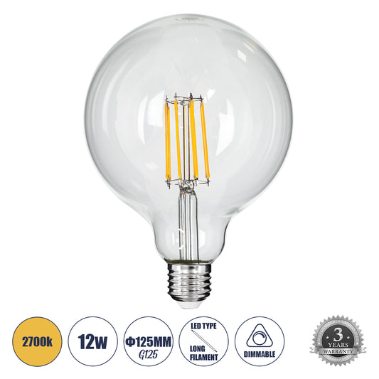 99014 Λάμπα LED Long Filament E27 G125 Γλόμπος 12W 1200lm 360° AC 220-240V IP20 Φ12.5 x Υ18cm Θερμό Λευκό 2700K με Διάφανο Γυαλί - Dimmable