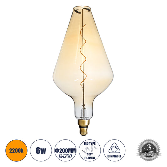 99022 Λάμπα LED Soft S Spiral Filament E27 BA200 ROCKET Γλόμπος 6W 420lm 360° AC 220-240V IP20 Φ20 x Υ41.5cm Ultra Θερμό Λευκό 2200K με Μελί Γυαλί - Dimmable