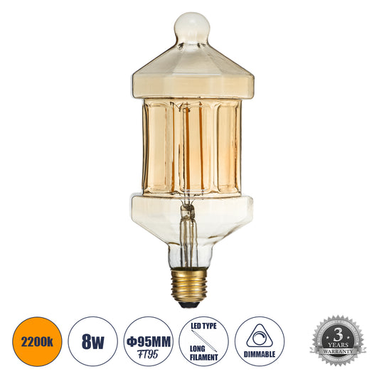 99026 Λάμπα LED Long Filament E27 FT95 LANTERN Γλόμπος 8W 650lm 360° AC 220-240V IP20 Φ9.5 x Υ21.5cm Ultra Θερμό Λευκό 2200K με Μελί Γυαλί - Dimmable