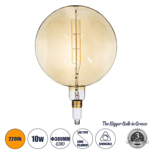 99030 Λάμπα LED Long Filament E27 G380 ORBITAL Γλόμπος 10W 800lm 360° AC 220-240V IP20 Φ38 x Υ55cm Ultra Θερμό Λευκό 2200K με Μελί Γυαλί - Dimmable - The Bigger Bulb in Greece
