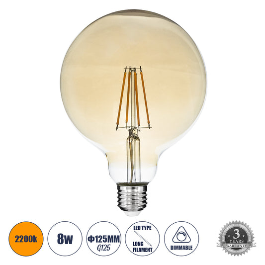 99043 Λάμπα LED Long Filament E27 G125 Γλόμπος 8W 720lm 360° AC 220-240V IP20 Φ12.5 x Υ18cm Ultra Θερμό Λευκό 2200 K με Μελί Γυαλί Dimmable