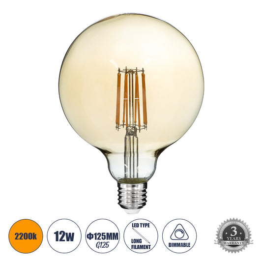 99044 Λάμπα LED Long Filament E27 G125 Γλόμπος 12W 1080lm 360° AC 220-240V IP20 Φ12.5 x Υ18cm Ultra Θερμό Λευκό 2200K με Μελί Γυαλί - Dimmable