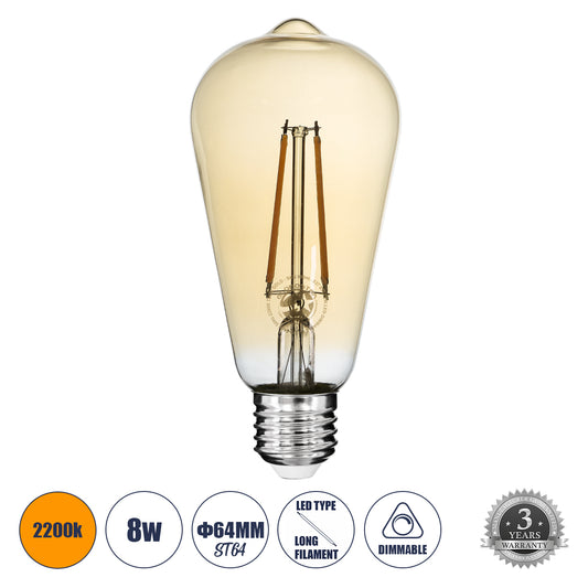 99046 Λάμπα LED Long Filament E27 ST64 Αχλάδι 8W 720lm 360° AC 220-240V IP20 Φ6.4 x Υ14cm Ultra Θερμό Λευκό 2200K με Μελί Γυαλί - Dimmable