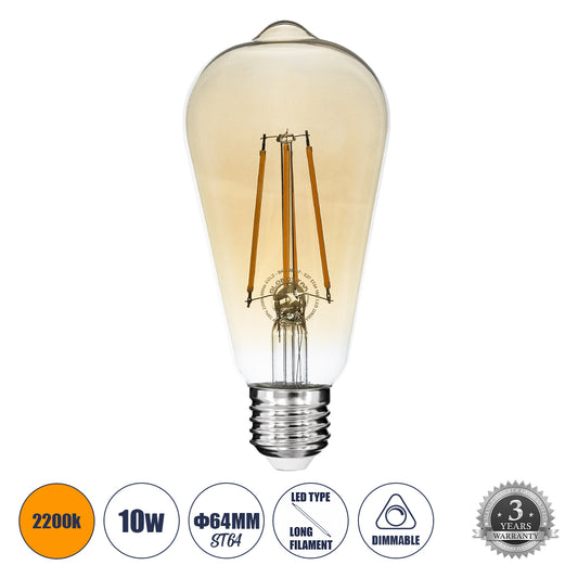 99047 Λάμπα LED Long Filament E27 ST64 Αχλάδι 10W 900lm 360° AC 220-240V IP20 Φ6.4 x Υ14cm Ultra Θερμό Λευκό 2200K με Μελί Γυαλί Dimmable