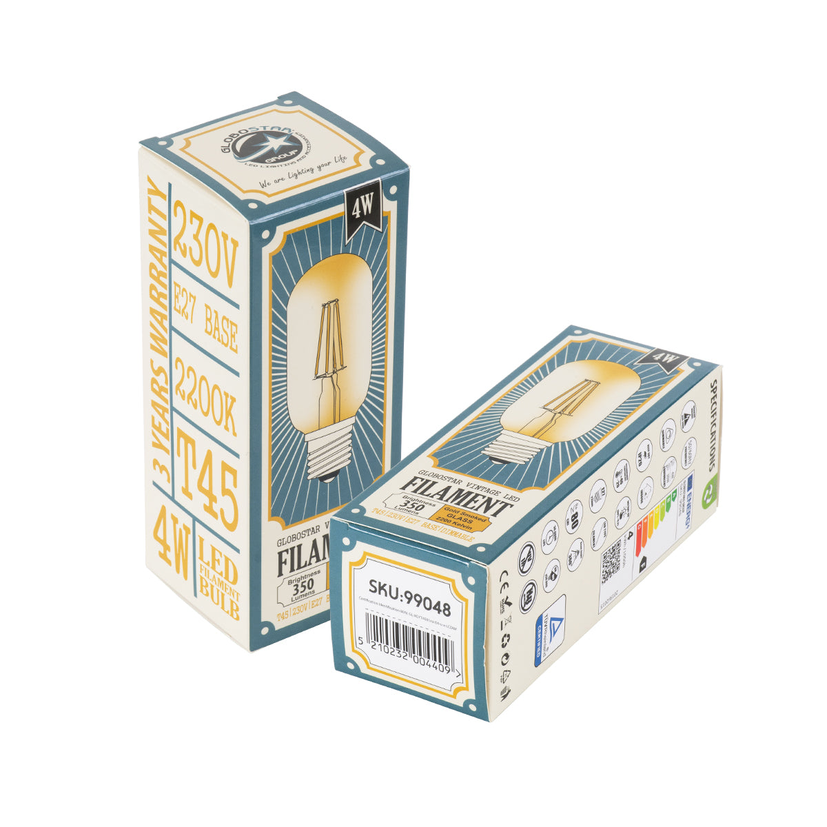 99048 Λάμπα LED Long Filament E27 T45 Σωλήνας 4W 350lm 360° AC 220-240V IP20 Φ4.5 x Υ11cm Ultra Θερμό Λευκό 2200K με Μελί Γυαλί - Dimmable