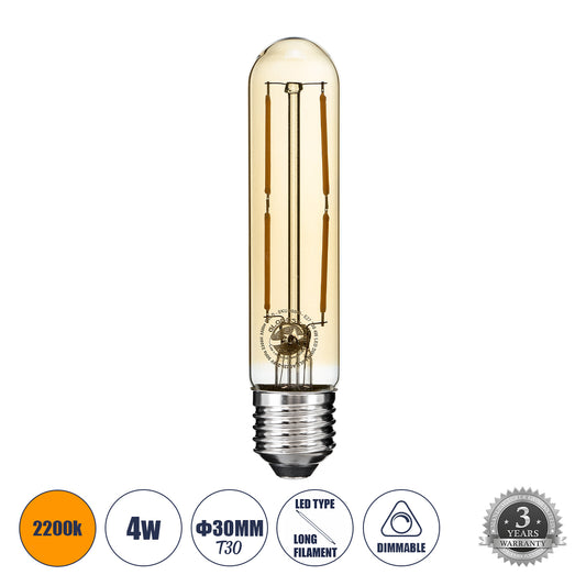 99049 Λάμπα LED Long Filament E27 T30 Σωλήνας 4W 350lm 360° AC 220-240V IP20 Φ3 x Υ13.5cm Ultra Θερμό Λευκό 2200K με Μελί Γυαλί - Dimmable