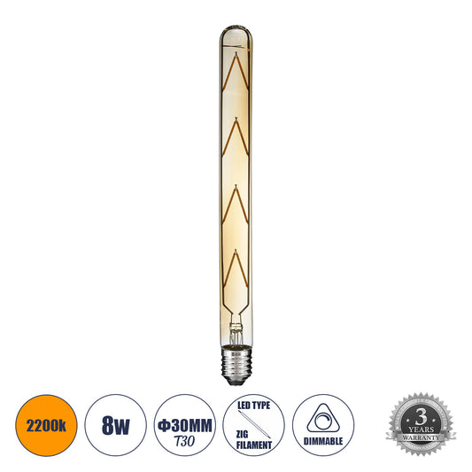 99050 Λάμπα LED Long Filament E27 T30 Σωλήνας 8W 720lm 360° AC 220-240V IP20 Φ3 x Υ30cm Ultra Θερμό Λευκό 2200K με Μελί Γυαλί - Dimmable