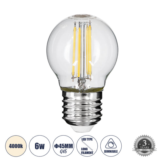 99052 Λάμπα LED Long Filament E27 G45 Γλομπάκι 6W 660lm 360° AC 220-240V IP20 Φ4.5 x Υ7.5cm Φυσικό Λευκό 4000K με Διάφανο Γυαλί - Dimmable