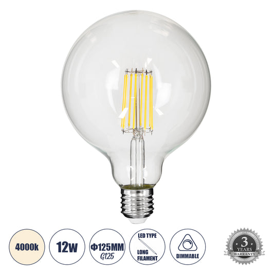 99055 Λάμπα LED Long Filament E27 G125 Γλόμπος 12W 1320lm 360° AC 220-240V IP20 Φ12.5 x Υ18cm Φυσικό Λευκό 4000K με Διάφανο Γυαλί - Dimmable