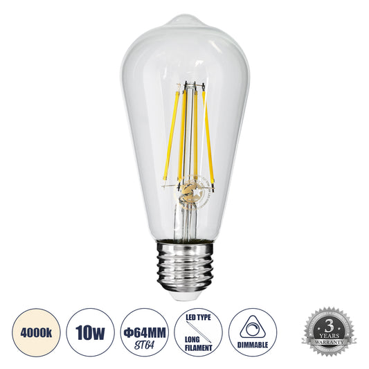 99056 Λάμπα LED Long Filament E27 ST64 Αχλάδι 10W 1100lm 360° AC 220-240V IP20 Φ6.4 x Υ14cm Φυσικό Λευκό 4000K με Διάφανο Γυαλί - Dimmable