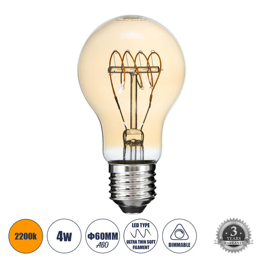 99059 Λάμπα LED Ultra Thin Soft S Spiral Filament E27 A60 Γλόμπος 4W 280lm 360° AC 220-240V IP20 Φ6 x Υ10.5cm Ultra Θερμό Λευκό 2200K με Μελί Γυαλί - Dimmable