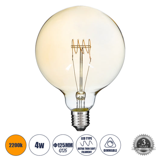 99081 Λάμπα LED Ultra Thin Soft S Spiral Filament E27 G125 Γλόμπος 4W 280lm 360° AC 220-240V IP20 Φ12.5 x Υ18cm Ultra Θερμό Λευκό 2200K με Μελί Γυαλί - Dimmable