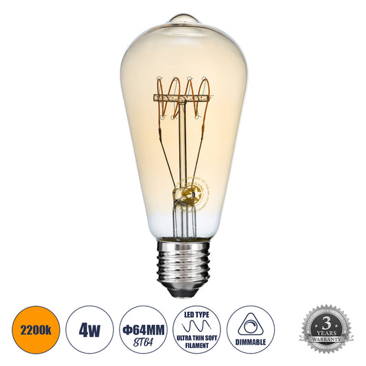 99082 Λάμπα LED Ultra Thin Soft S Spiral Filament E27 ST64 Αχλάδι 4W 280lm 360° AC 220-240V IP20 Φ6.4 x Υ14cm Ultra Θερμό Λευκό 2200K με Μελί Γυαλί - Dimmable