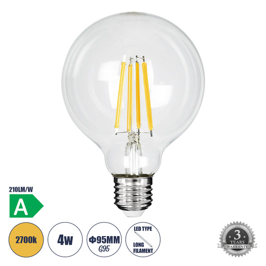 99084 Λάμπα LED Long Filament E27 G95 Γλόμπος 4W 840lm 360° AC 220-240V IP20 Φ9.5 x Υ13.8cm Θερμό Λευκό 2700K με Διάφανο Γυαλί - Pro Series 210lm/W - A Ενεργειακή Κλάση