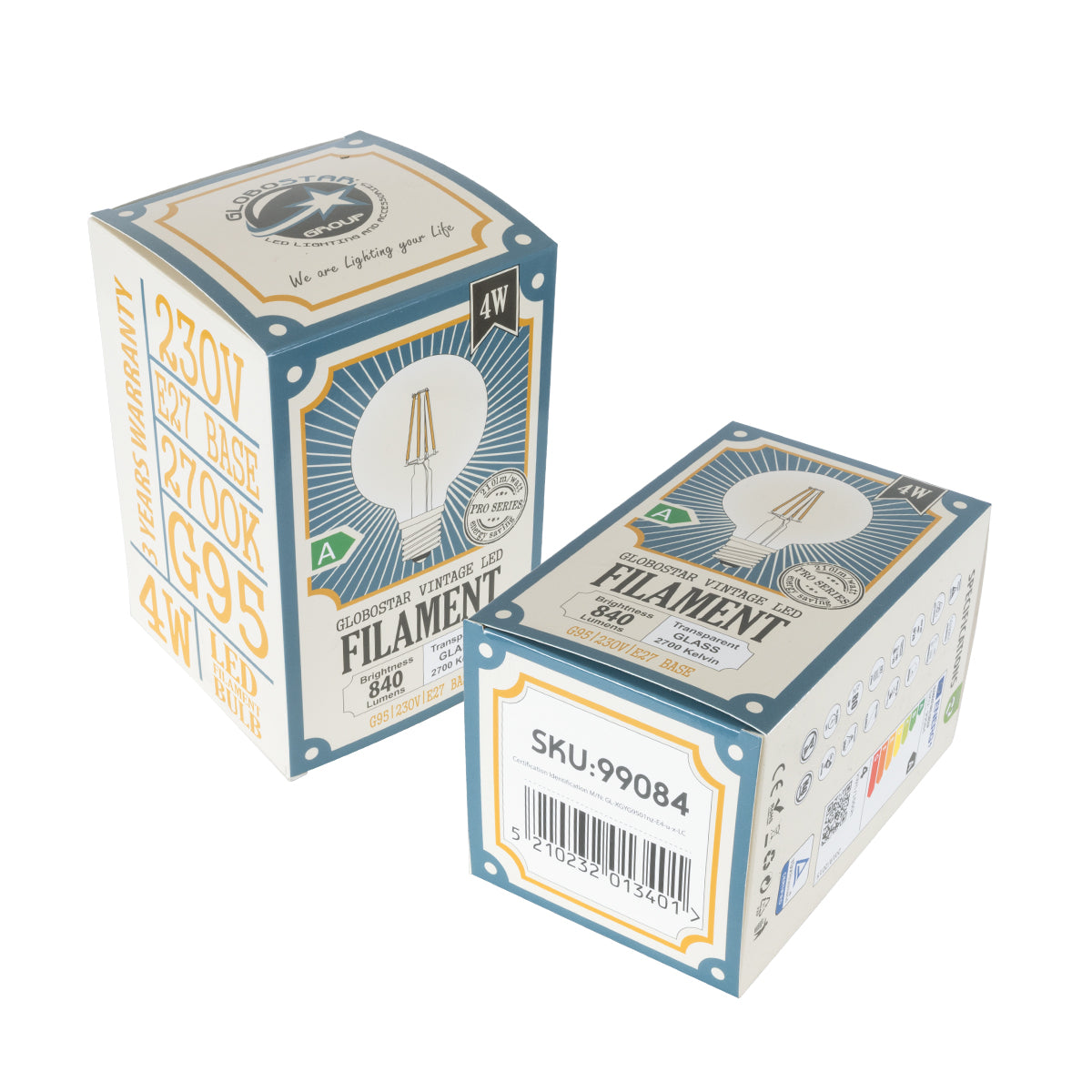 99084 Λάμπα LED Long Filament E27 G95 Γλόμπος 4W 840lm 360° AC 220-240V IP20 Φ9.5 x Υ13.8cm Θερμό Λευκό 2700K με Διάφανο Γυαλί - Pro Series 210lm/W - A Ενεργειακή Κλάση