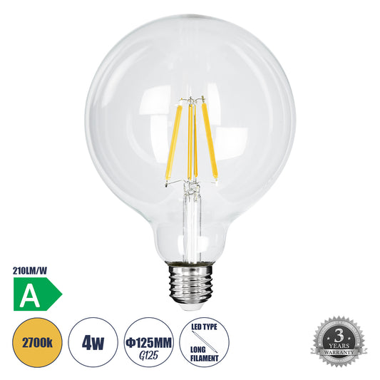 99085 Λάμπα LED Long Filament E27 G125 Γλόμπος 4W 840lm 360° AC 220-240V IP20 Φ12.5 x Υ13.8cm Θερμό Λευκό 2700K με Διάφανο Γυαλί - Pro Series 210lm/W - A Ενεργειακή Κλάση