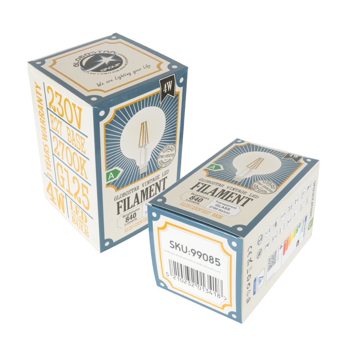 99085 Λάμπα LED Long Filament E27 G125 Γλόμπος 4W 840lm 360° AC 220-240V IP20 Φ12.5 x Υ13.8cm Θερμό Λευκό 2700K με Διάφανο Γυαλί - Pro Series 210lm/W - A Ενεργειακή Κλάση