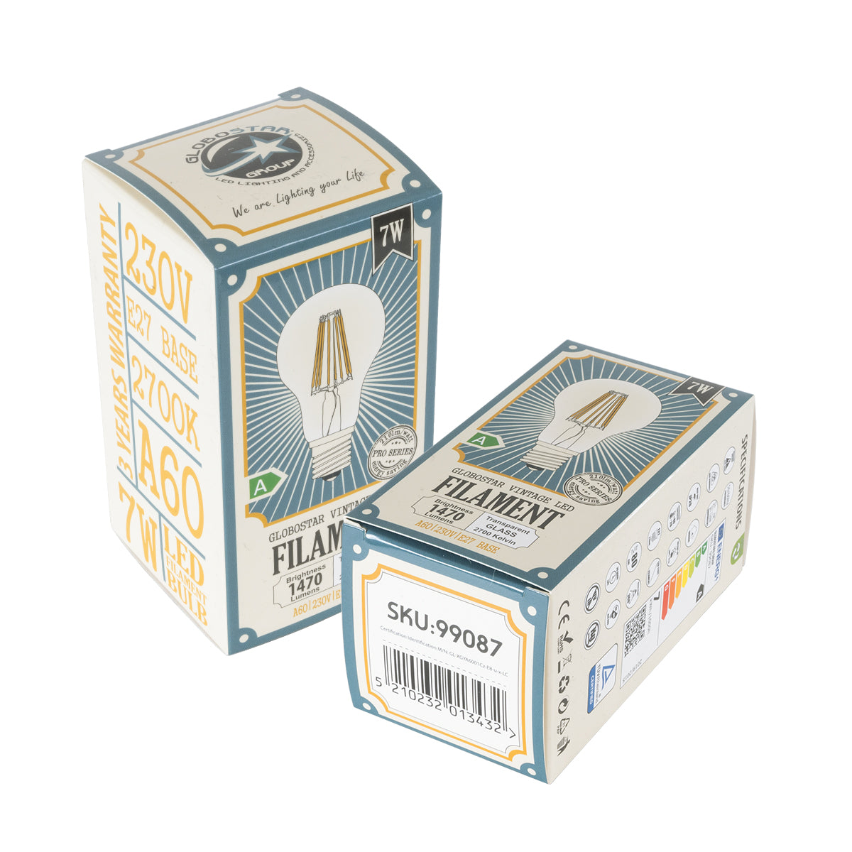 99087 Λάμπα LED Long Filament E27 A60 Γλόμπος 7W 1470lm 360° AC 220-240V IP20 Φ6 x Υ11cm Θερμό Λευκό 2700K με Διάφανο Γυαλί - Pro Series 210lm/W - A Ενεργειακή Κλάση