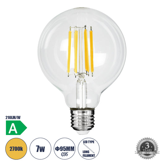 99088 Λάμπα LED Long Filament E27 G95 Γλόμπος 7W 1470lm 360° AC 220-240V IP20 Φ9.5 x Υ13.8cm Θερμό Λευκό 2700K με Διάφανο Γυαλί - Pro Series 210lm/W - A Ενεργειακή Κλάση