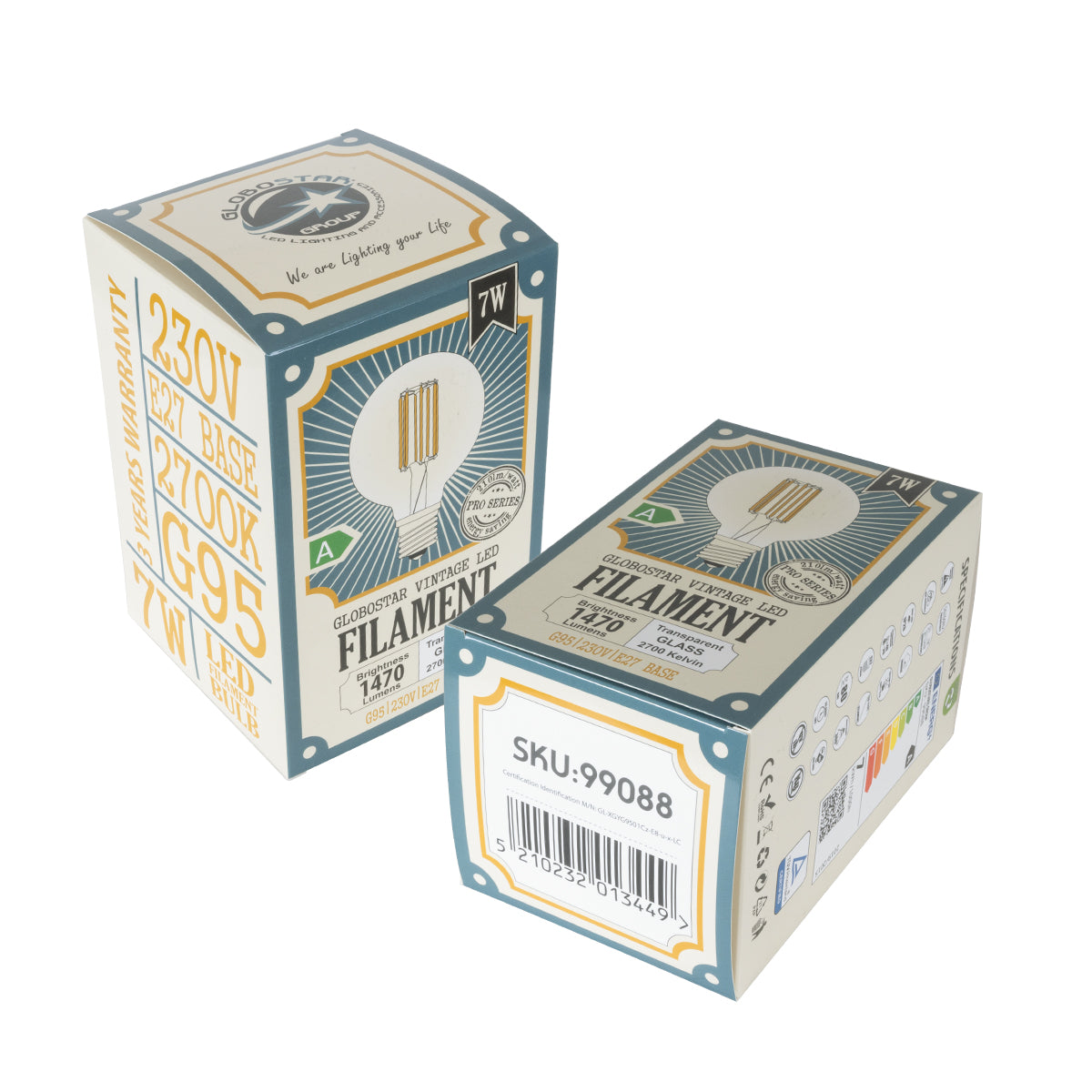 99088 Λάμπα LED Long Filament E27 G95 Γλόμπος 7W 1470lm 360° AC 220-240V IP20 Φ9.5 x Υ13.8cm Θερμό Λευκό 2700K με Διάφανο Γυαλί - Pro Series 210lm/W - A Ενεργειακή Κλάση