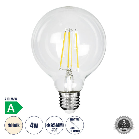 99092 Λάμπα LED Long Filament E27 G95 Γλόμπος 4W 840lm 360° AC 220-240V IP20 Φ9.5 x Υ13.8cm Φυσικό Λευκό 4000K με Διάφανο Γυαλί - Pro Series 210lm/W - A Ενεργειακή Κλάση