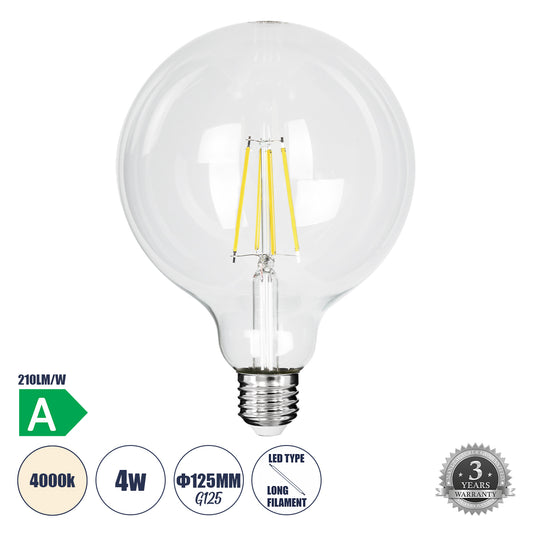 99093 Λάμπα LED Long Filament E27 G125 Γλόμπος 4W 840lm 360° AC 220-240V IP20 Φ12.5 x Υ13.8cm Φυσικό Λευκό 4000K με Διάφανο Γυαλί - Pro Series 210lm/W - A Ενεργειακή Κλάση