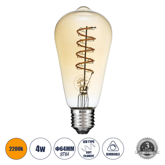 99144 Λάμπα LED Soft S Spiral Filament E27 ST64 Αχλάδι 4W 280lm 360° AC 220-240V IP20 Φ6.4 x Υ14cm Ultra Θερμό Λευκό 2200K με Μελί Γυαλί - Dimmable