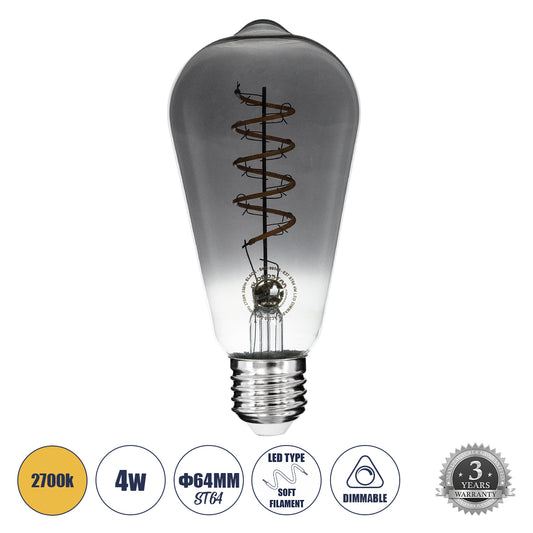 99145 Λάμπα LED Soft S Spiral Filament E27 ST64 Αχλάδι 4W 280lm 360° AC 220-240V IP20 Φ6.4 x Υ14cm Θερμό Λευκό 2700K με Φιμέ Γυαλί Dimmable