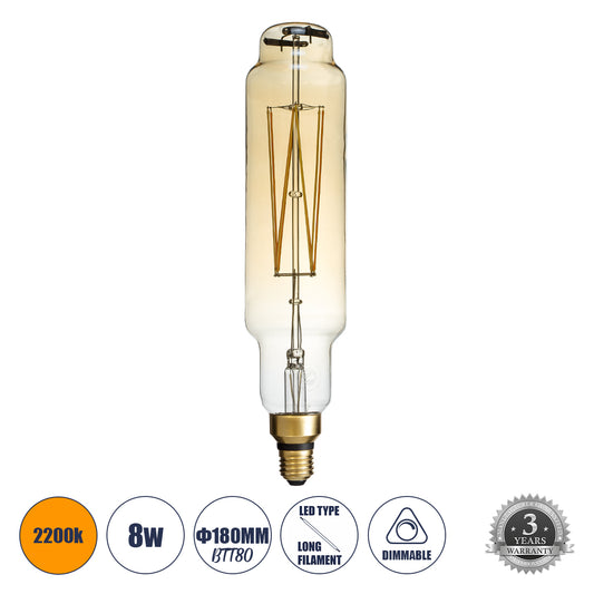 99168 Λάμπα LED Long Filament E27 BTT80 BANANAS Γλόμπος 8W 720lm 360° AC 220-240V IP20 Φ7.8 x Υ34.5cm Ultra Θερμό Λευκό 2200K με Μελί Γυαλί - Dimmable