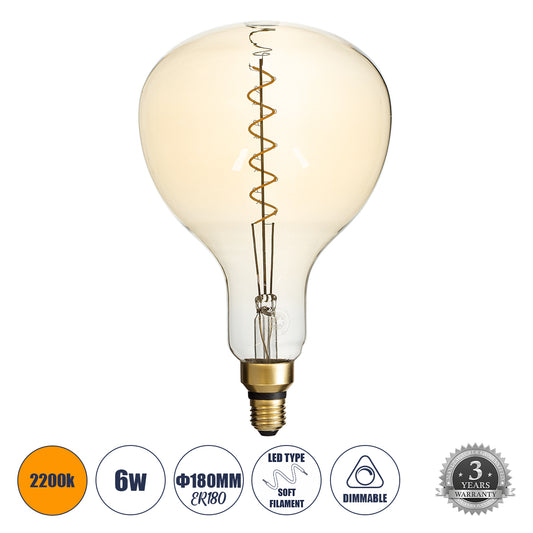 99171 Λάμπα LED Soft S Spiral Filament E27 ER180 PAPAYAS Γλόμπος 6W 420lm 360° AC 220-240V IP20 Φ18 x Υ30cm Ultra Θερμό Λευκό 2200K με Μελί Γυαλί - Dimmable