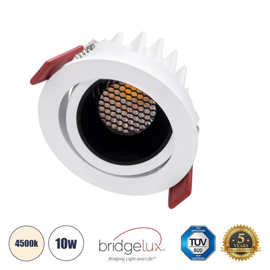 LEO-R 60282 Χωνευτό LED Spot Downlight TrimLess Φ8.5cm 10W 1300lm 38° AC 220-240V IP20 Φ8.5 x Υ6.6cm - Στρόγγυλο - Κινούμενο - Λευκό με Μαύρο Κάτοπτρο & Anti-Glare HoneyComb - Φυσικό Λευκό 4500K - Bridgelux COB