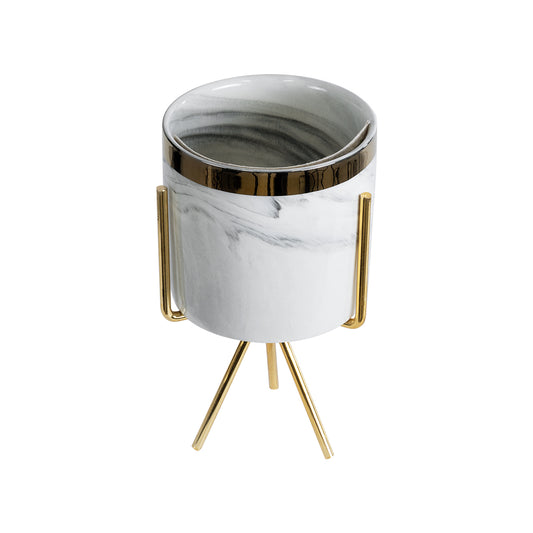 ALASKA 20565 Διακοσμητικό Κεραμικό Κασπώ Γλάστρα - Flower Pot Λευκό με Χρυσή Μεταλλική Βάση και Μαύρες Λεπτομέρειες Φ8 x Υ15cm