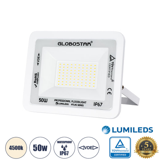 ATLAS 61420 Επαγγελματικός Προβολέας LED 50W 6000lm 120° AC 220-240V - Αδιάβροχος IP67 - Μ21 x Π3.5 x Υ16cm - Λευκό - Φυσικό Λευκό 4500K - LUMILEDS Chips - TÜV Rheinland Certified