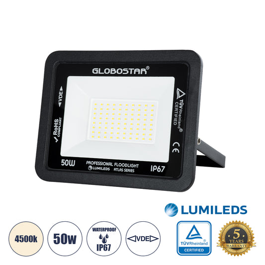 ATLAS 61423 Προβολέας LED 50W 6000lm 120° AC 220-240V Αδιάβροχο IP67 Φυσικό Λευκό 4500K - Lumileds SMD Chip - TÜV Rheinland Certified - Μαύρο Ματ - Μ21 x Π3.5 x Υ16