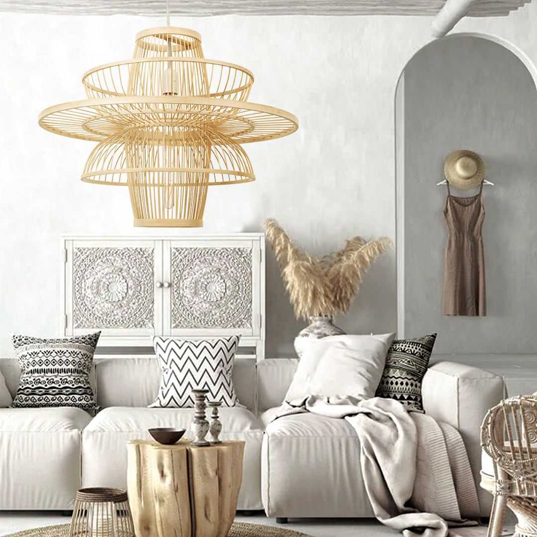 BALI 00861 Boho Κρεμαστό Φωτιστικό Πλέγμα Μονόφωτο 1 x E27 IP20 Μπεζ Ξύλο - Μ45 x Π45 x Υ42.5cm