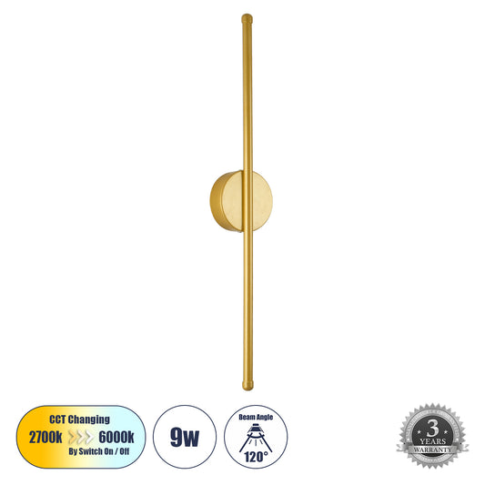 DIADEM 61330 Φωτιστικό Τοίχου - Απλίκα Design LED CCT 9W 1080lm 120° AC 220-240V - Εναλλαγή Φωτισμού μέσω Διακόπτη On/Off All In One Ψυχρό 6000k+Φυσικό 4500k+Θερμό 2700k Μ10 x Π4 x Υ60cm - Χρυσό