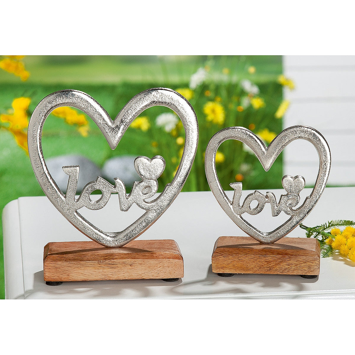 Διακοσμητικό Καρδιά 'Love' σε Βάση Ασημί/Φυσικό Αλουμίνιο/Ξύλο 5x15.5x18