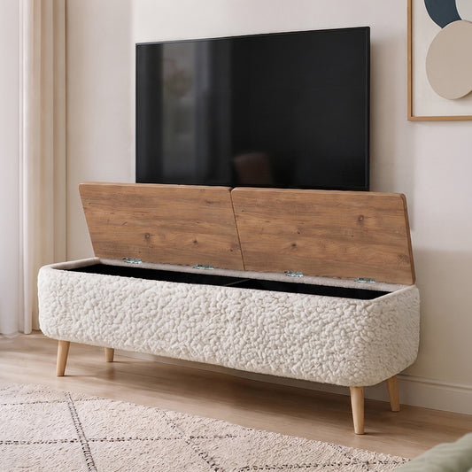 Έπιπλο Τηλεόρασης Luno Ύφασμα Teddy Χρώμα Λευκό - Pine Oak 120x30x45
